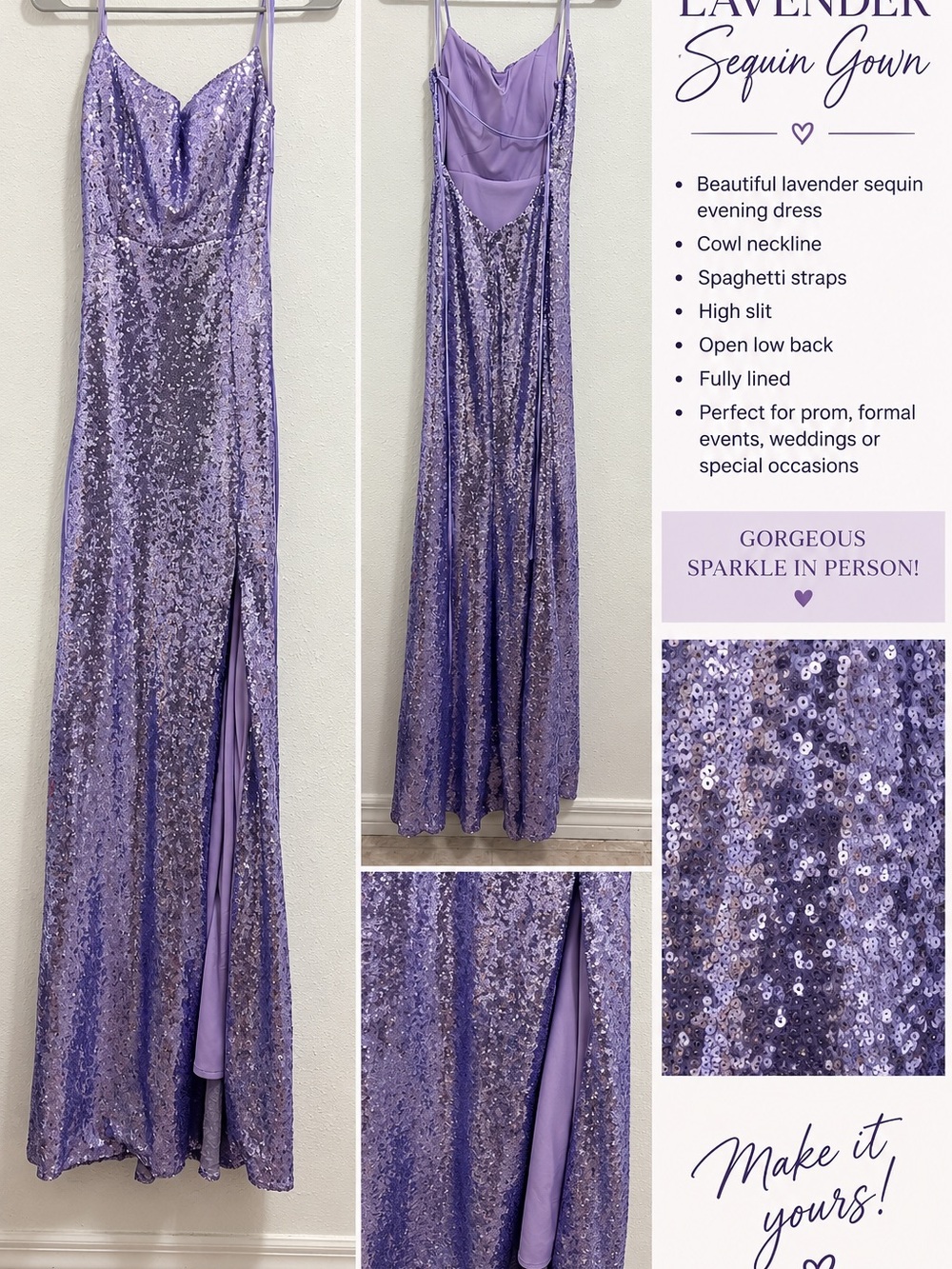 Lavender Sequin Cowl Neck Evening Gown - Lavender